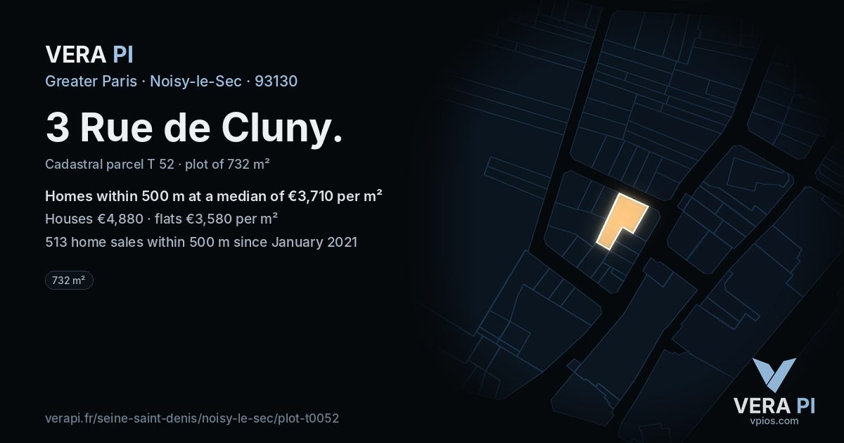 3 Rue de Cluny, Noisy-le-Sec at night – the plot lit, the parcels around coloured by the prices near them