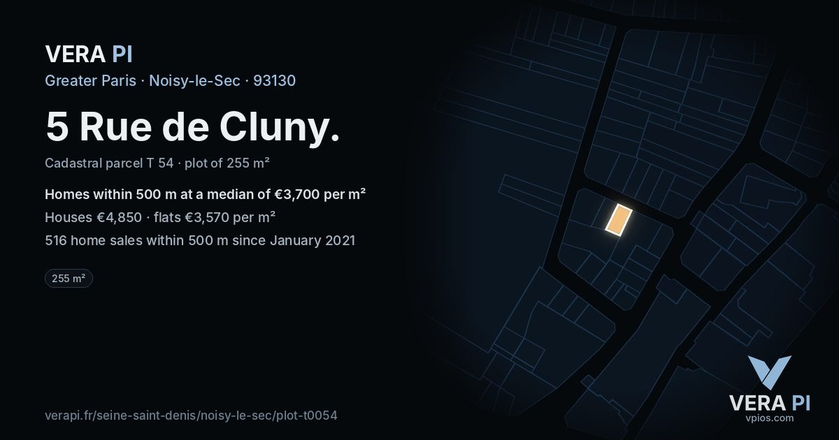 5 Rue de Cluny, Noisy-le-Sec at night – the plot lit, the parcels around coloured by the prices near them