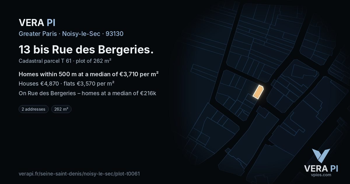 13 bis Rue des Bergeries, Noisy-le-Sec at night – the plot lit, the parcels around coloured by the prices near them
