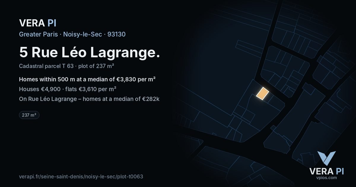 5 Rue Léo Lagrange, Noisy-le-Sec at night – the plot lit, the parcels around coloured by the prices near them