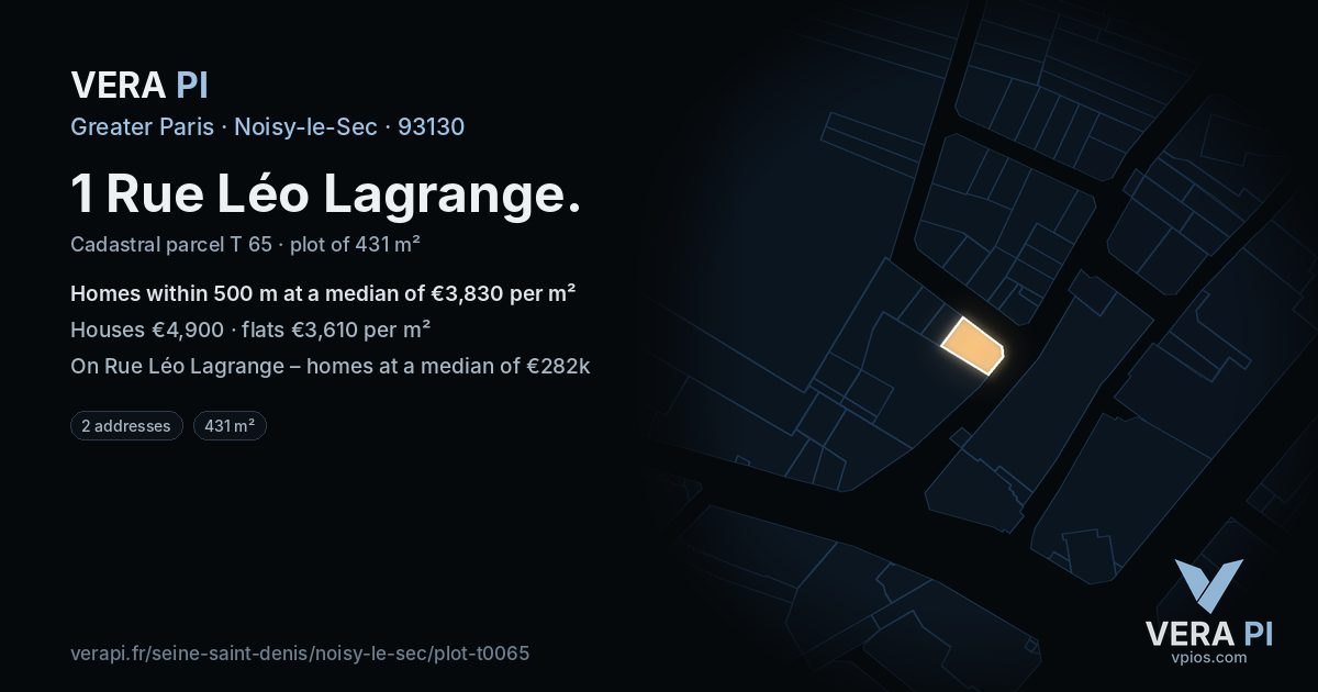 1 Rue Léo Lagrange, Noisy-le-Sec at night – the plot lit, the parcels around coloured by the prices near them