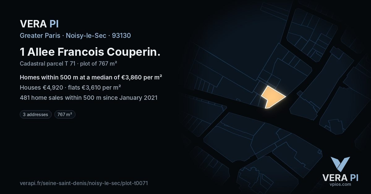 1 Allee Francois Couperin, Noisy-le-Sec at night – the plot lit, the parcels around coloured by the prices near them
