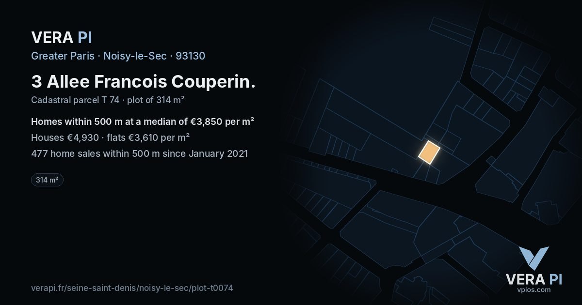 3 Allee Francois Couperin, Noisy-le-Sec at night – the plot lit, the parcels around coloured by the prices near them