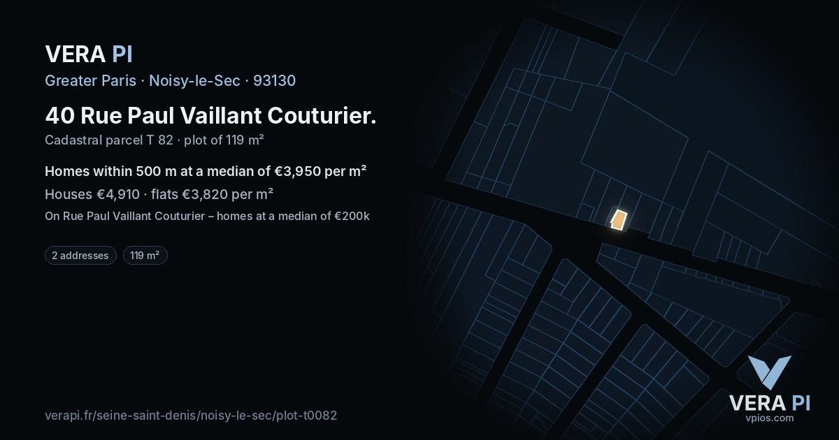 40 Rue Paul Vaillant Couturier, Noisy-le-Sec at night – the plot lit, the parcels around coloured by the prices near them