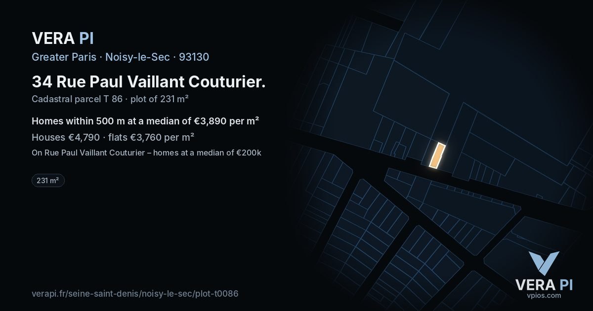 34 Rue Paul Vaillant Couturier, Noisy-le-Sec at night – the plot lit, the parcels around coloured by the prices near them
