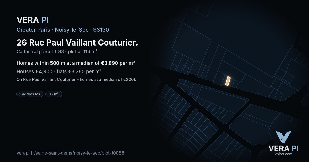 26 Rue Paul Vaillant Couturier, Noisy-le-Sec at night – the plot lit, the parcels around coloured by the prices near them
