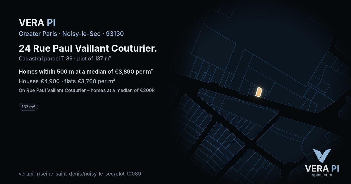 24 Rue Paul Vaillant Couturier, Noisy-le-Sec at night – the plot lit, the parcels around coloured by the prices near them