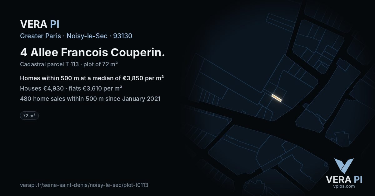4 Allee Francois Couperin, Noisy-le-Sec at night – the plot lit, the parcels around coloured by the prices near them