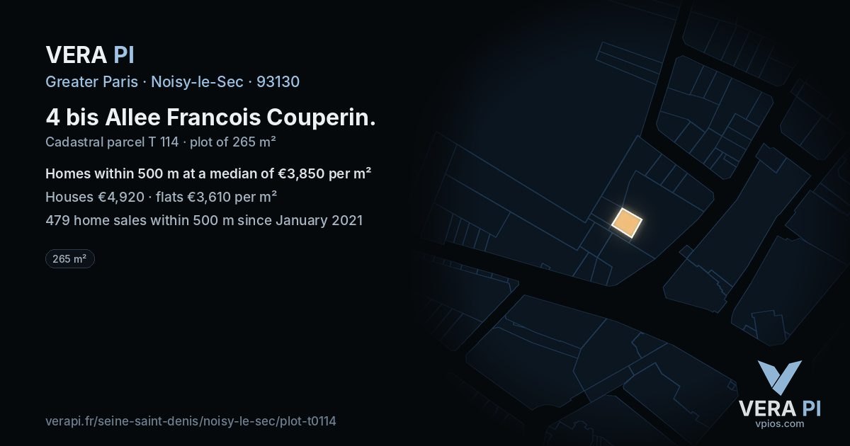 4 bis Allee Francois Couperin, Noisy-le-Sec at night – the plot lit, the parcels around coloured by the prices near them
