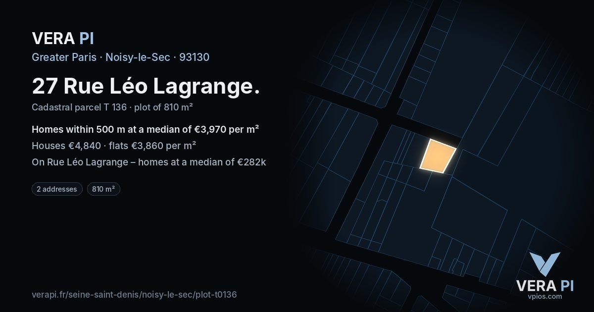 27 Rue Léo Lagrange, Noisy-le-Sec at night – the plot lit, the parcels around coloured by the prices near them