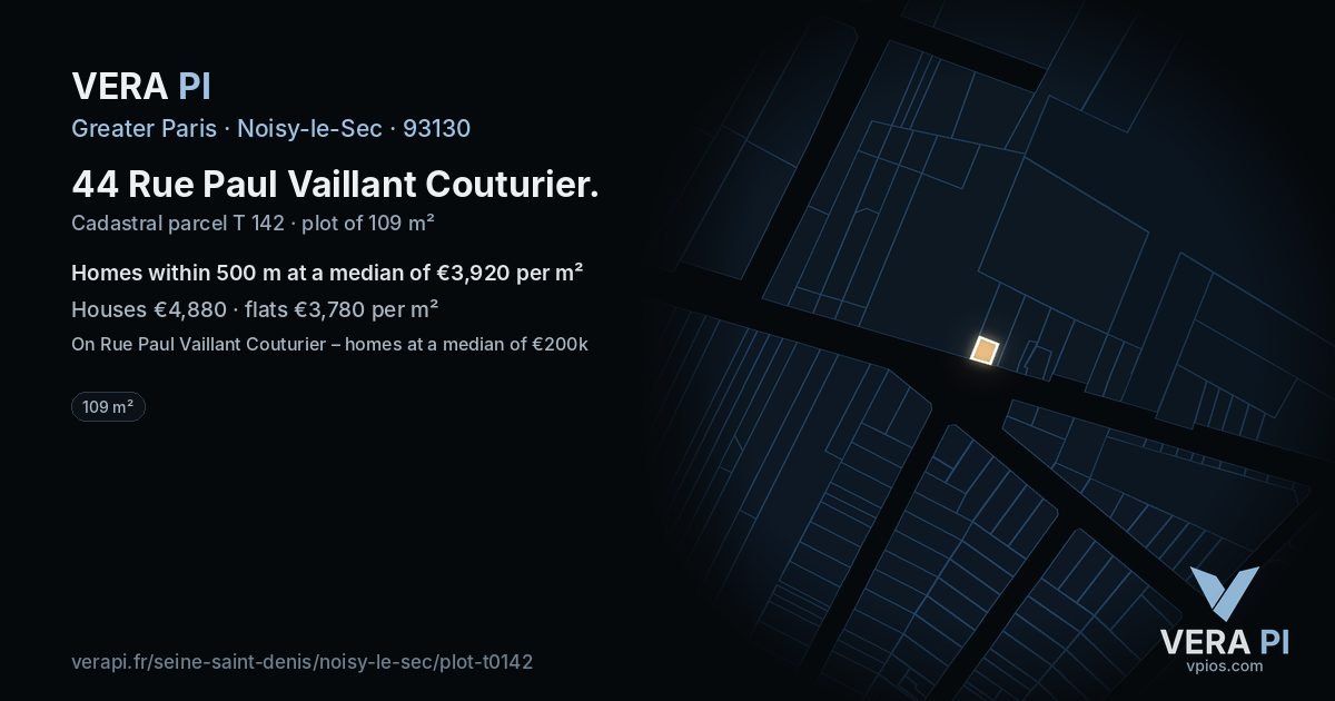 44 Rue Paul Vaillant Couturier, Noisy-le-Sec at night – the plot lit, the parcels around coloured by the prices near them