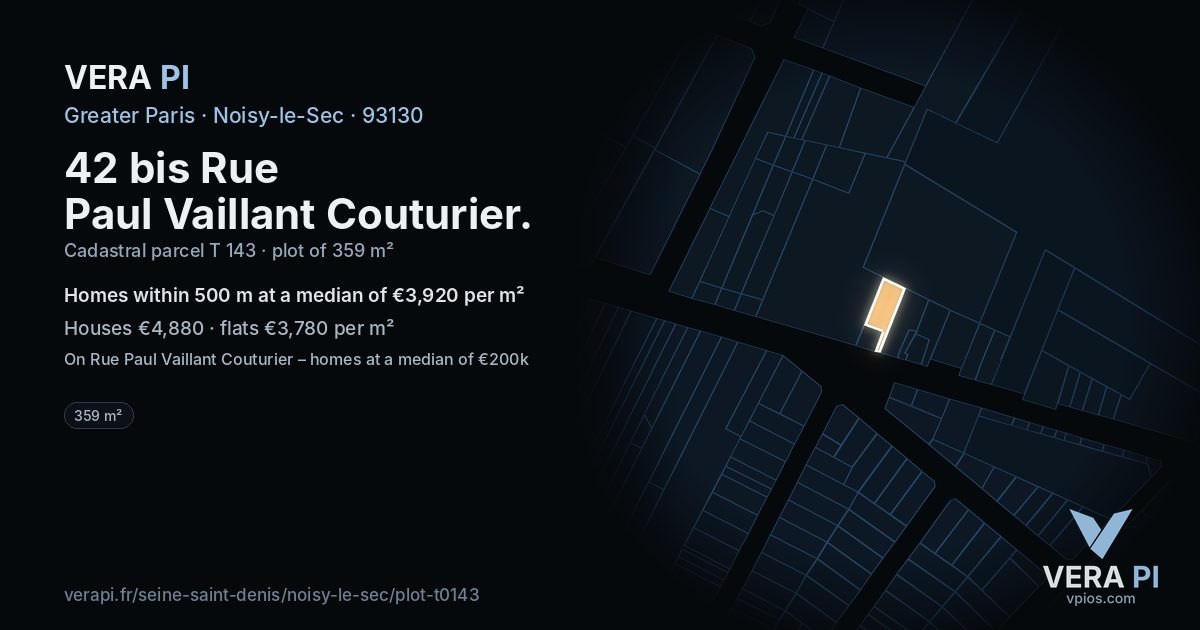 42 bis Rue Paul Vaillant Couturier, Noisy-le-Sec at night – the plot lit, the parcels around coloured by the prices near them
