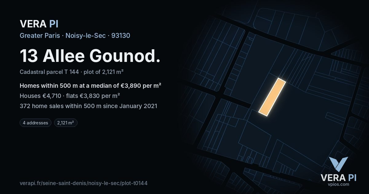 13 Allee Gounod, Noisy-le-Sec at night – the plot lit, the parcels around coloured by the prices near them