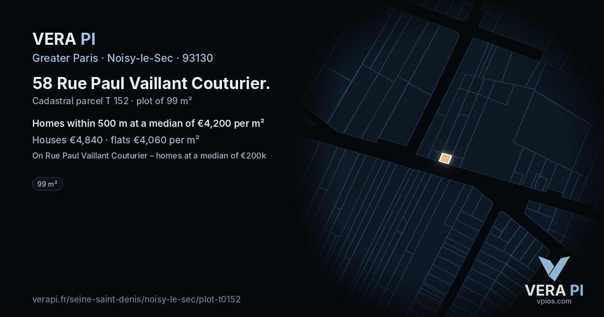 58 Rue Paul Vaillant Couturier, Noisy-le-Sec at night – the plot lit, the parcels around coloured by the prices near them