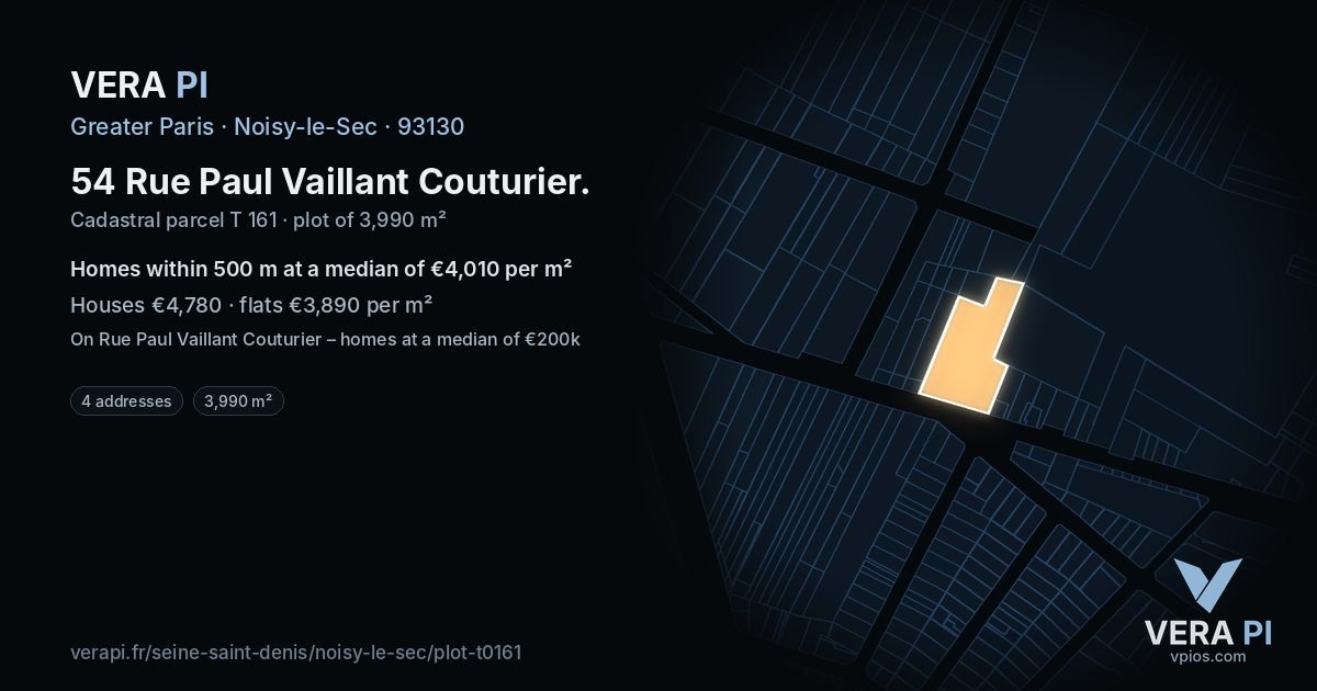 54 Rue Paul Vaillant Couturier, Noisy-le-Sec at night – the plot lit, the parcels around coloured by the prices near them