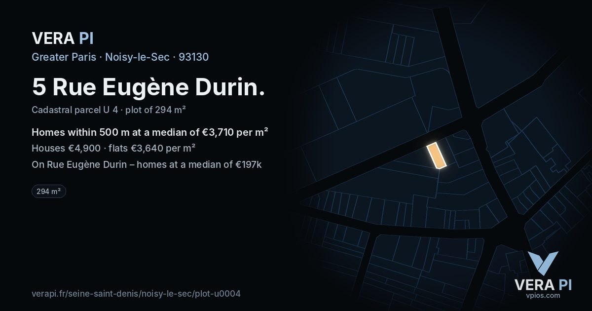 5 Rue Eugène Durin, Noisy-le-Sec at night – the plot lit, the parcels around coloured by the prices near them