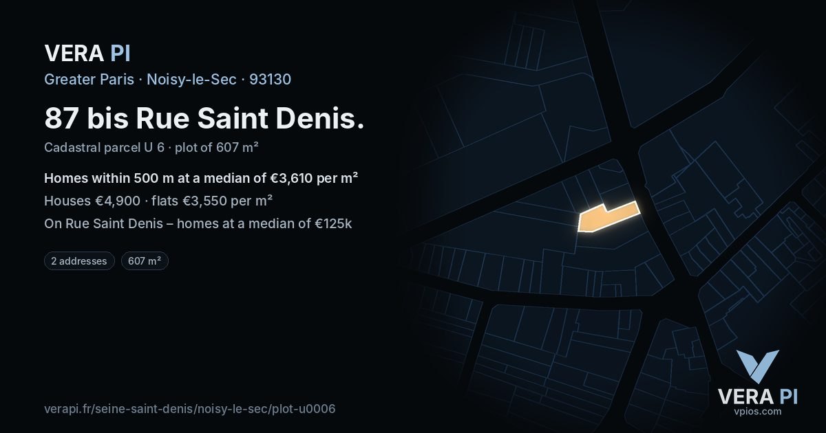 87 bis Rue Saint Denis, Noisy-le-Sec at night – the plot lit, the parcels around coloured by the prices near them
