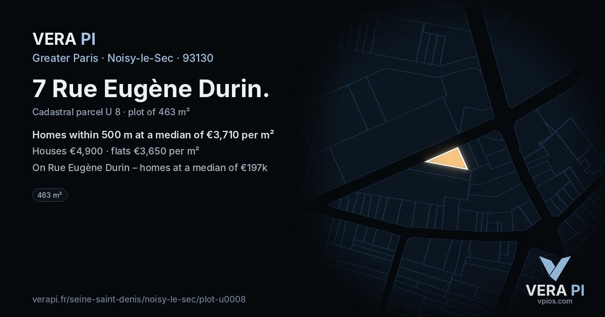 7 Rue Eugène Durin, Noisy-le-Sec at night – the plot lit, the parcels around coloured by the prices near them