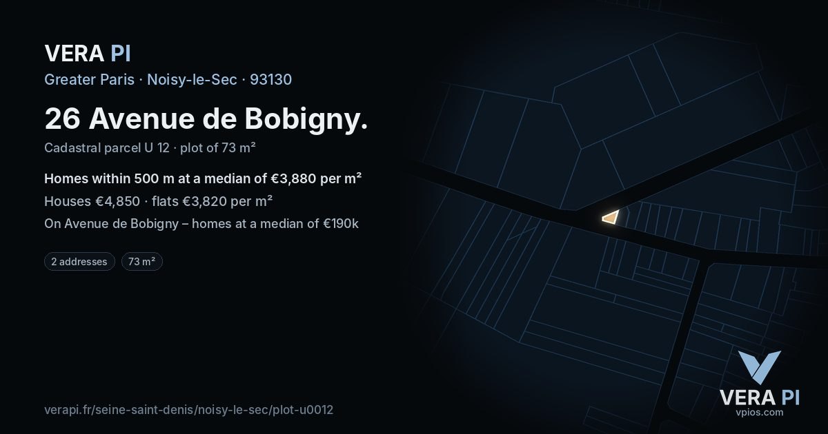 26 Avenue de Bobigny, Noisy-le-Sec at night – the plot lit, the parcels around coloured by the prices near them