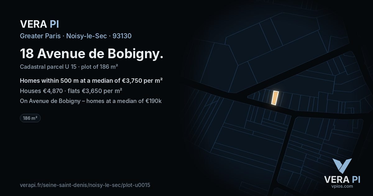 18 Avenue de Bobigny, Noisy-le-Sec at night – the plot lit, the parcels around coloured by the prices near them