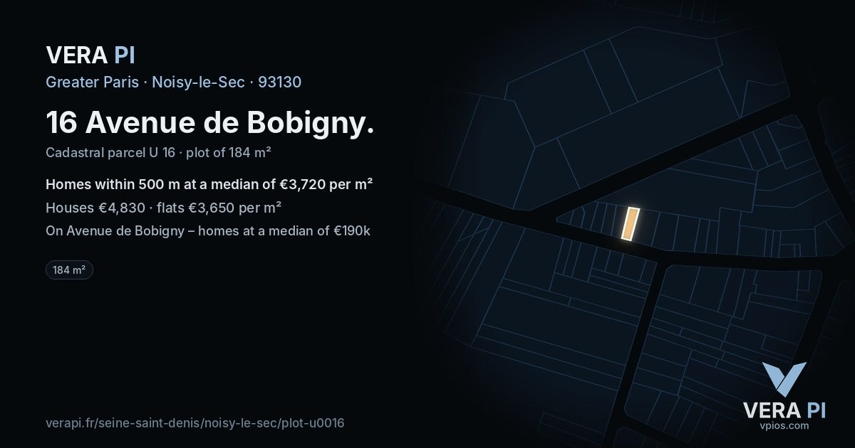 16 Avenue de Bobigny, Noisy-le-Sec at night – the plot lit, the parcels around coloured by the prices near them
