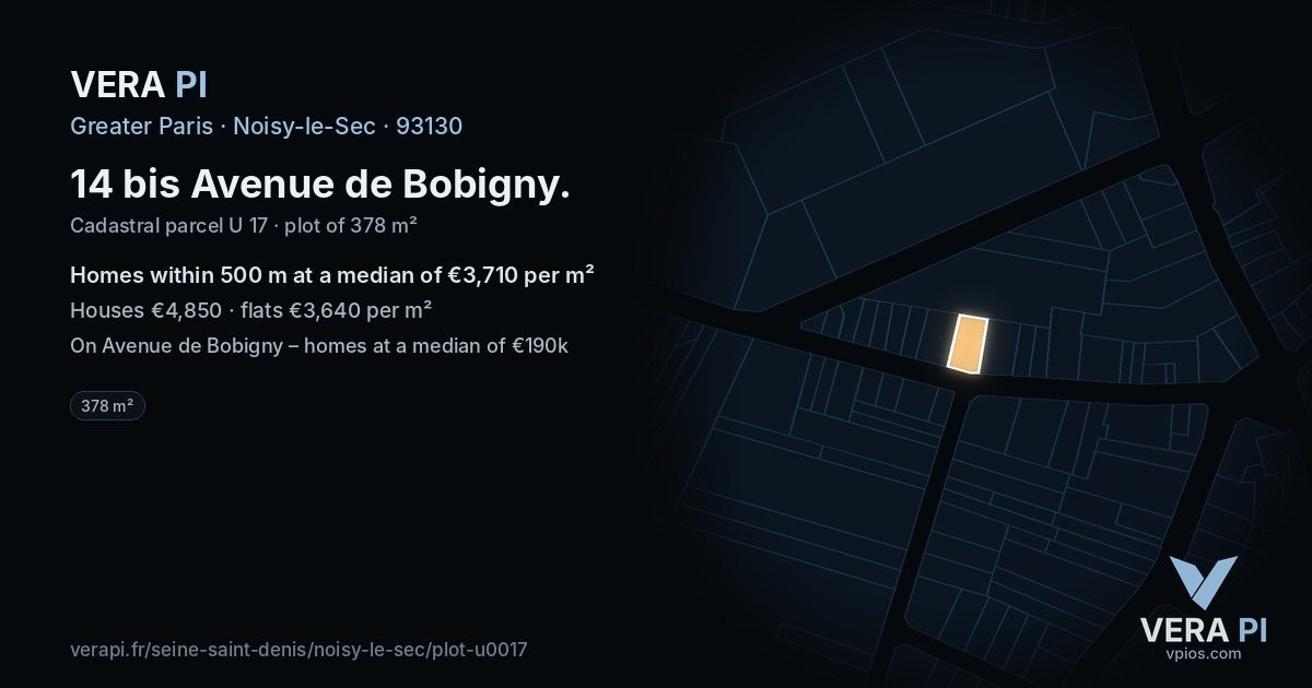 14 bis Avenue de Bobigny, Noisy-le-Sec at night – the plot lit, the parcels around coloured by the prices near them