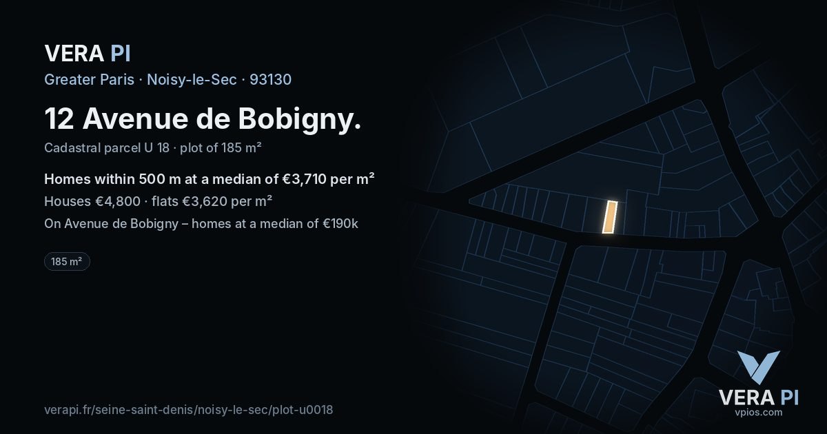 12 Avenue de Bobigny, Noisy-le-Sec at night – the plot lit, the parcels around coloured by the prices near them