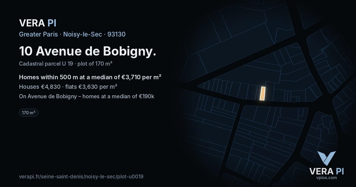10 Avenue de Bobigny, Noisy-le-Sec at night – the plot lit, the parcels around coloured by the prices near them