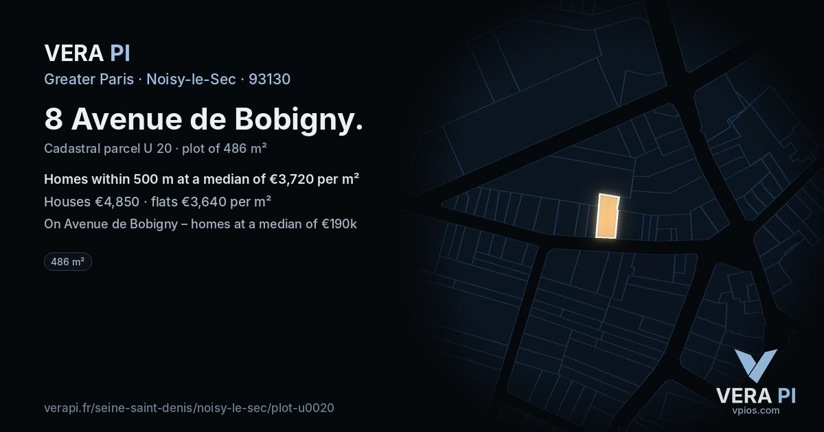 8 Avenue de Bobigny, Noisy-le-Sec at night – the plot lit, the parcels around coloured by the prices near them
