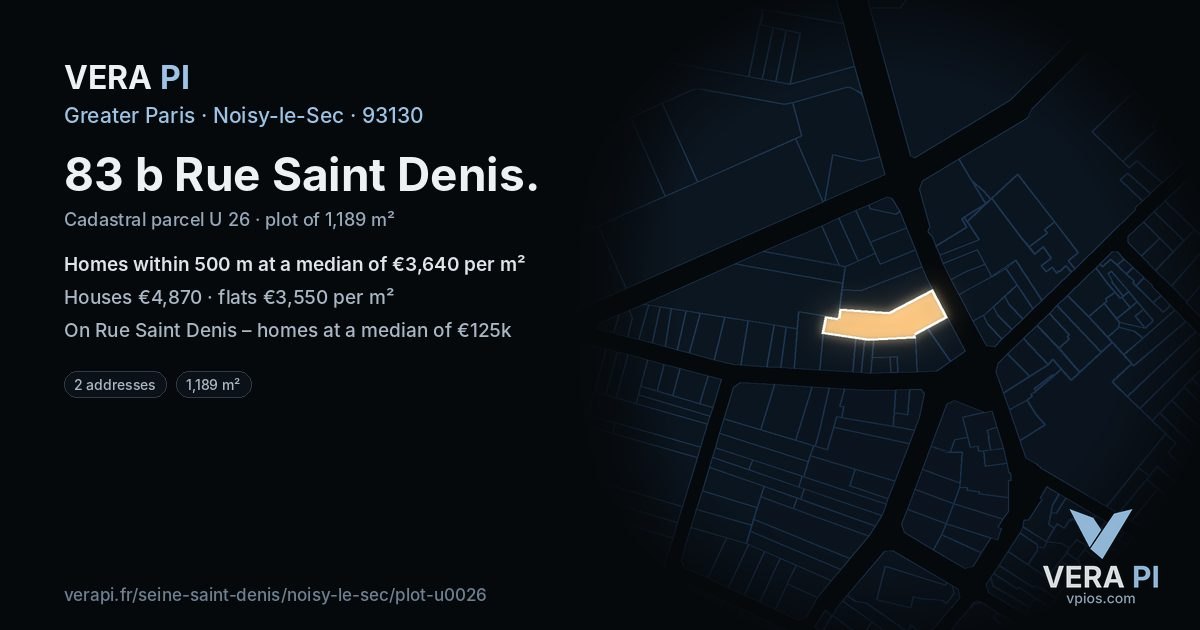 83 b Rue Saint Denis, Noisy-le-Sec at night – the plot lit, the parcels around coloured by the prices near them