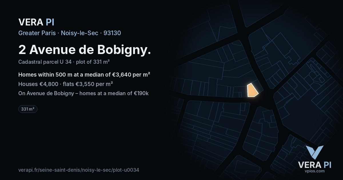 2 Avenue de Bobigny, Noisy-le-Sec at night – the plot lit, the parcels around coloured by the prices near them