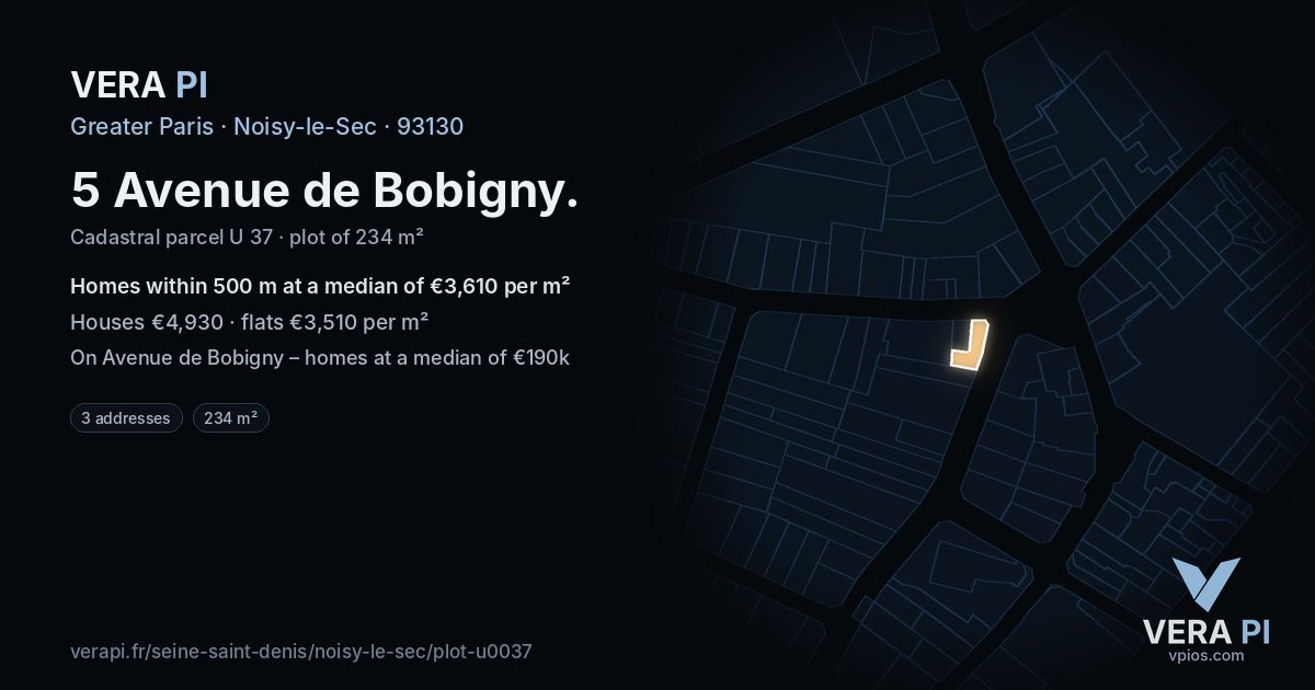 5 Avenue de Bobigny, Noisy-le-Sec at night – the plot lit, the parcels around coloured by the prices near them
