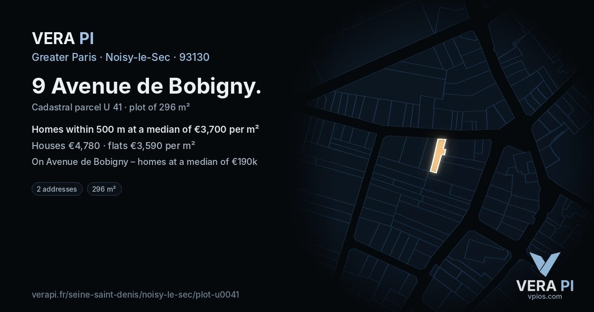 9 Avenue de Bobigny, Noisy-le-Sec at night – the plot lit, the parcels around coloured by the prices near them