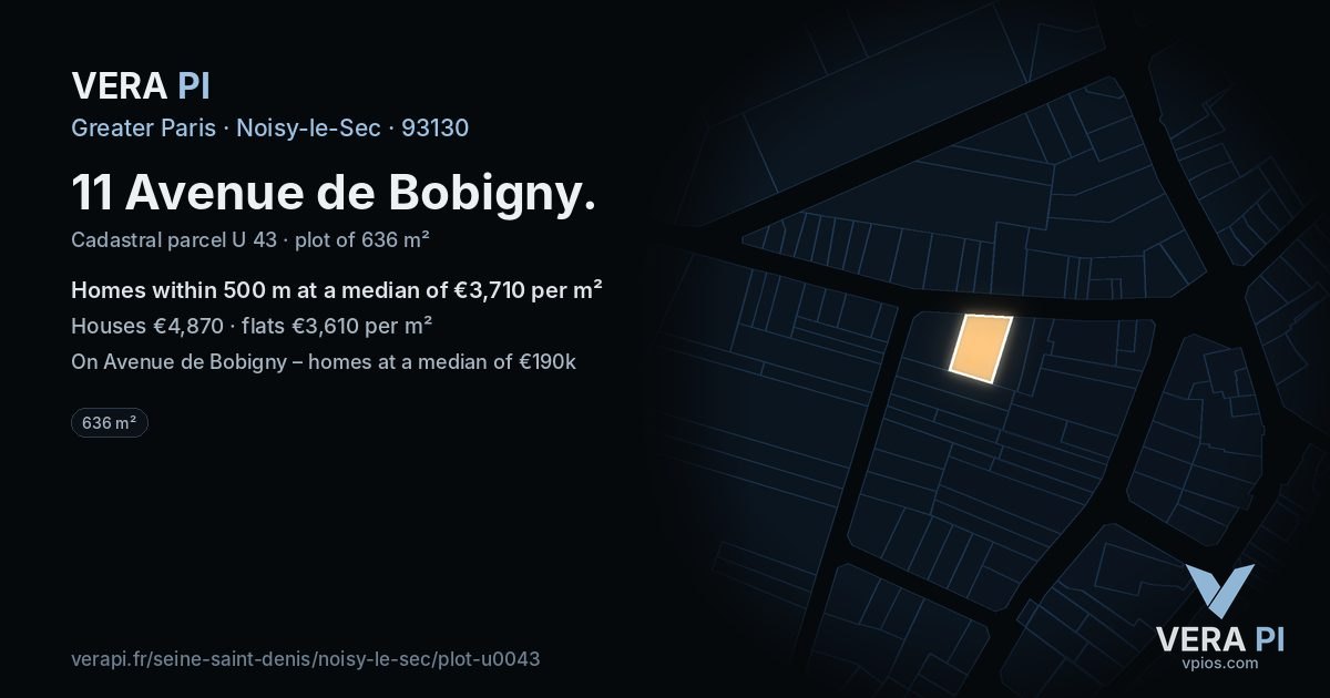 11 Avenue de Bobigny, Noisy-le-Sec at night – the plot lit, the parcels around coloured by the prices near them