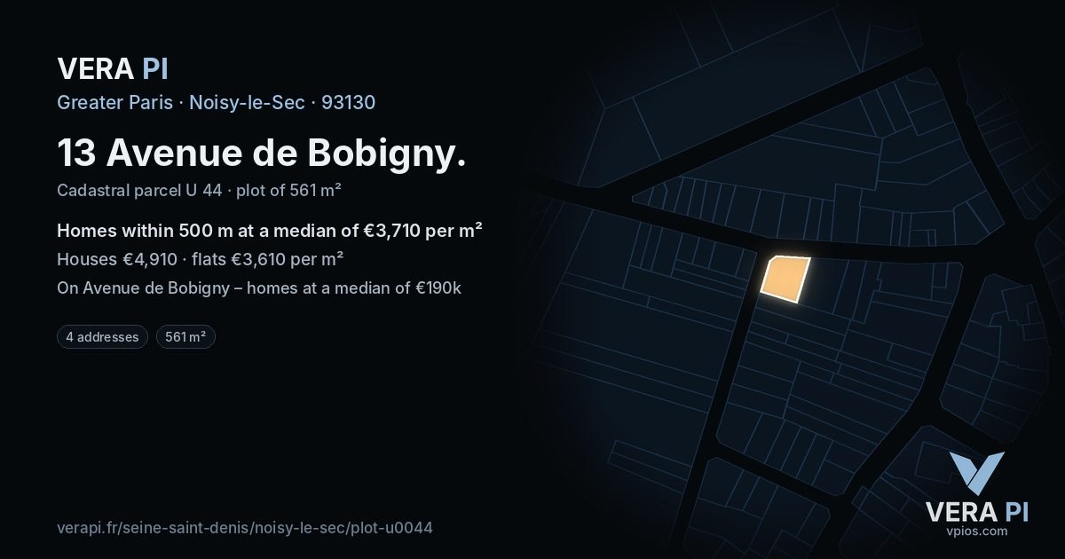 13 Avenue de Bobigny, Noisy-le-Sec at night – the plot lit, the parcels around coloured by the prices near them