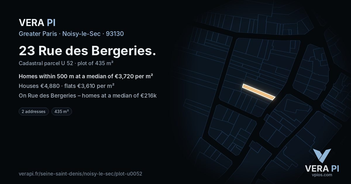 23 Rue des Bergeries, Noisy-le-Sec at night – the plot lit, the parcels around coloured by the prices near them