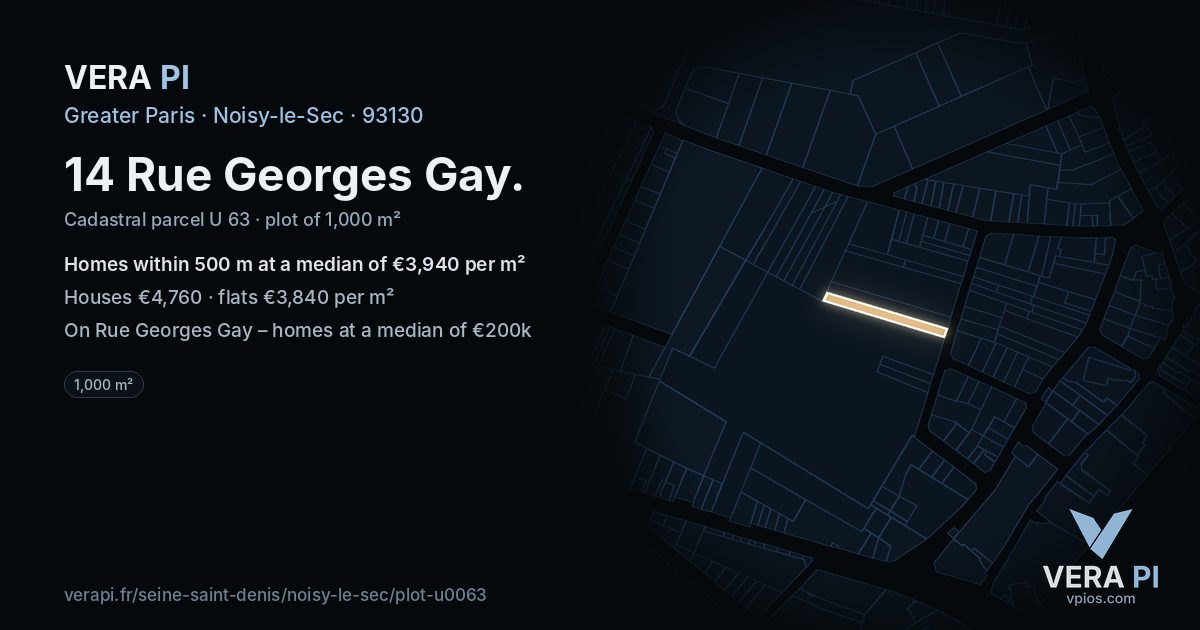 14 Rue Georges Gay, Noisy-le-Sec at night – the plot lit, the parcels around coloured by the prices near them