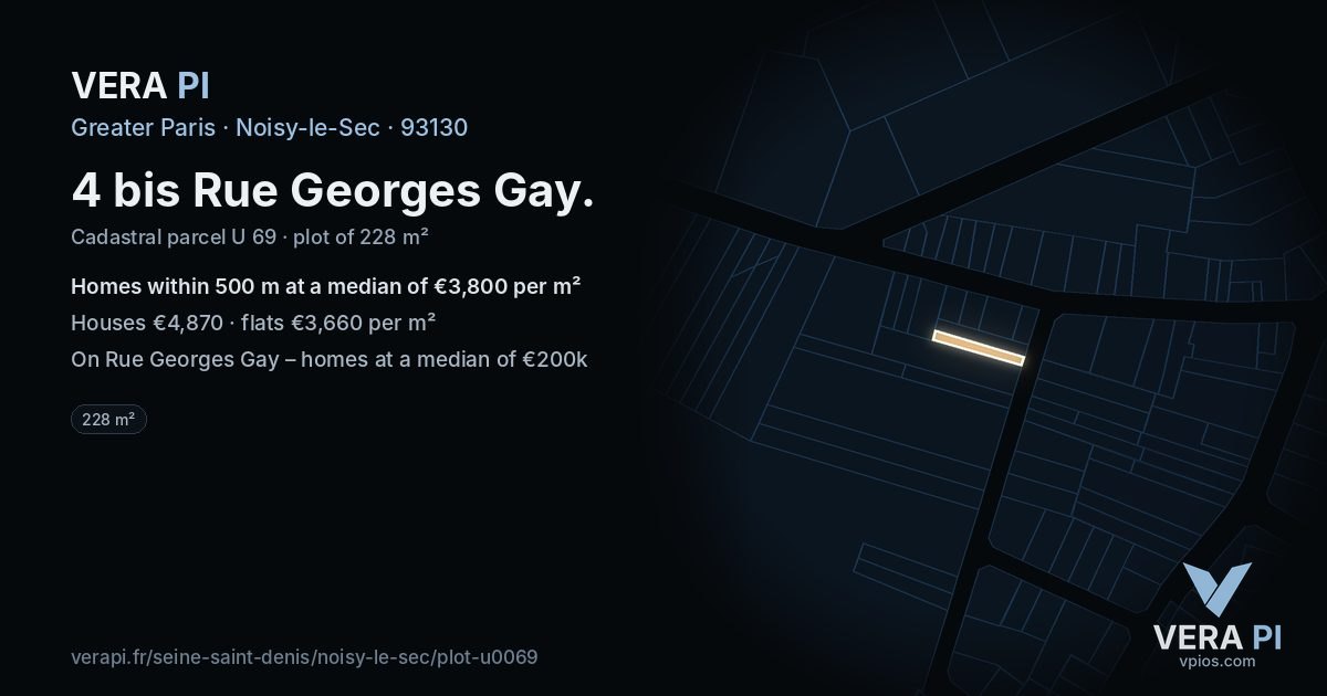4 bis Rue Georges Gay, Noisy-le-Sec at night – the plot lit, the parcels around coloured by the prices near them