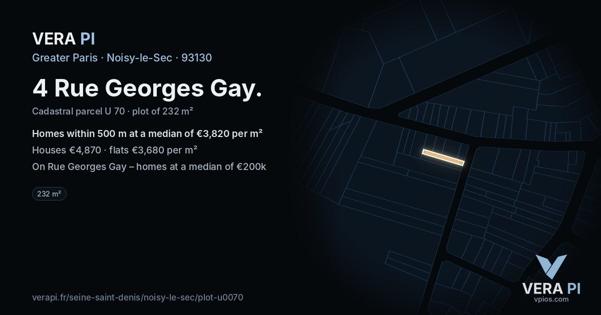 4 Rue Georges Gay, Noisy-le-Sec at night – the plot lit, the parcels around coloured by the prices near them