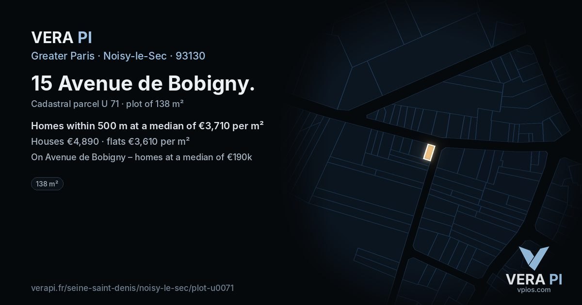 15 Avenue de Bobigny, Noisy-le-Sec at night – the plot lit, the parcels around coloured by the prices near them