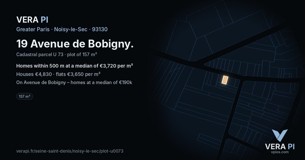19 Avenue de Bobigny, Noisy-le-Sec at night – the plot lit, the parcels around coloured by the prices near them