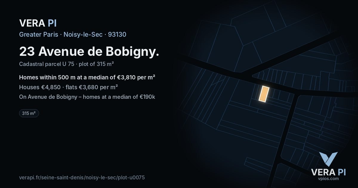 23 Avenue de Bobigny, Noisy-le-Sec at night – the plot lit, the parcels around coloured by the prices near them