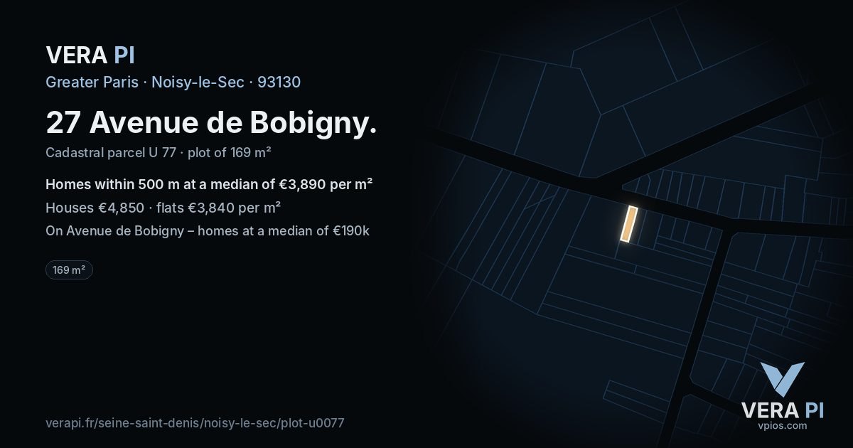 27 Avenue de Bobigny, Noisy-le-Sec at night – the plot lit, the parcels around coloured by the prices near them