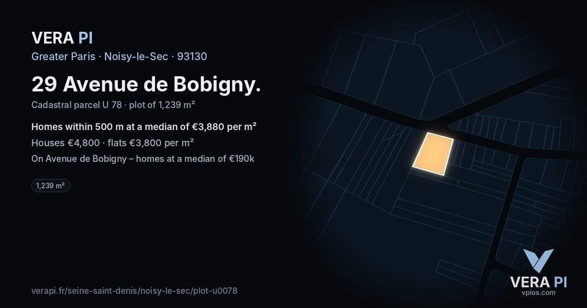 29 Avenue de Bobigny, Noisy-le-Sec at night – the plot lit, the parcels around coloured by the prices near them