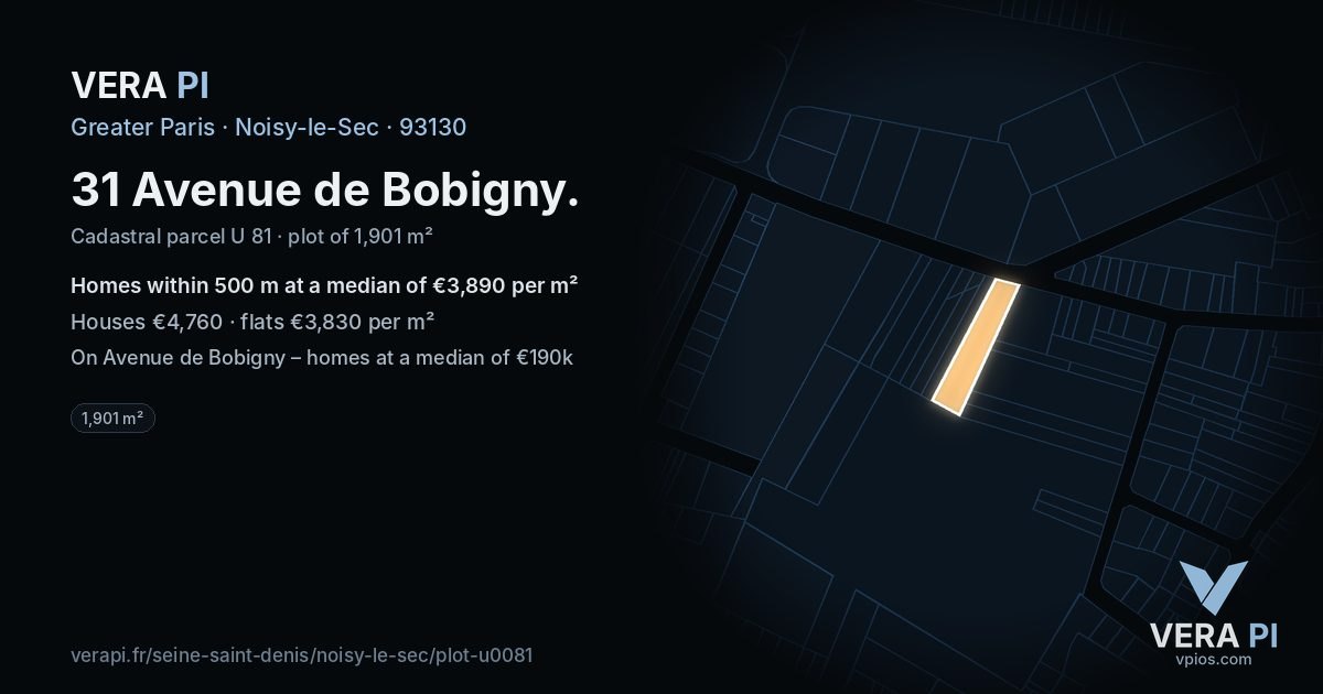31 Avenue de Bobigny, Noisy-le-Sec at night – the plot lit, the parcels around coloured by the prices near them