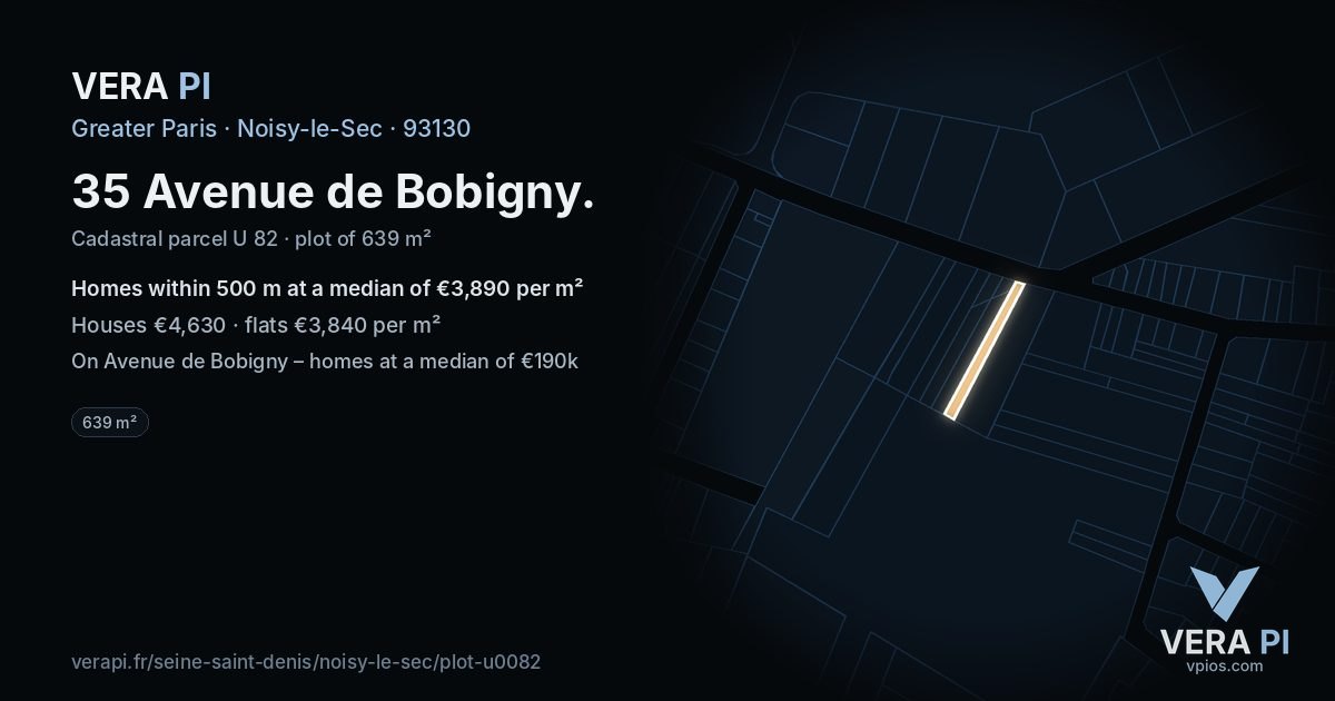 35 Avenue de Bobigny, Noisy-le-Sec at night – the plot lit, the parcels around coloured by the prices near them