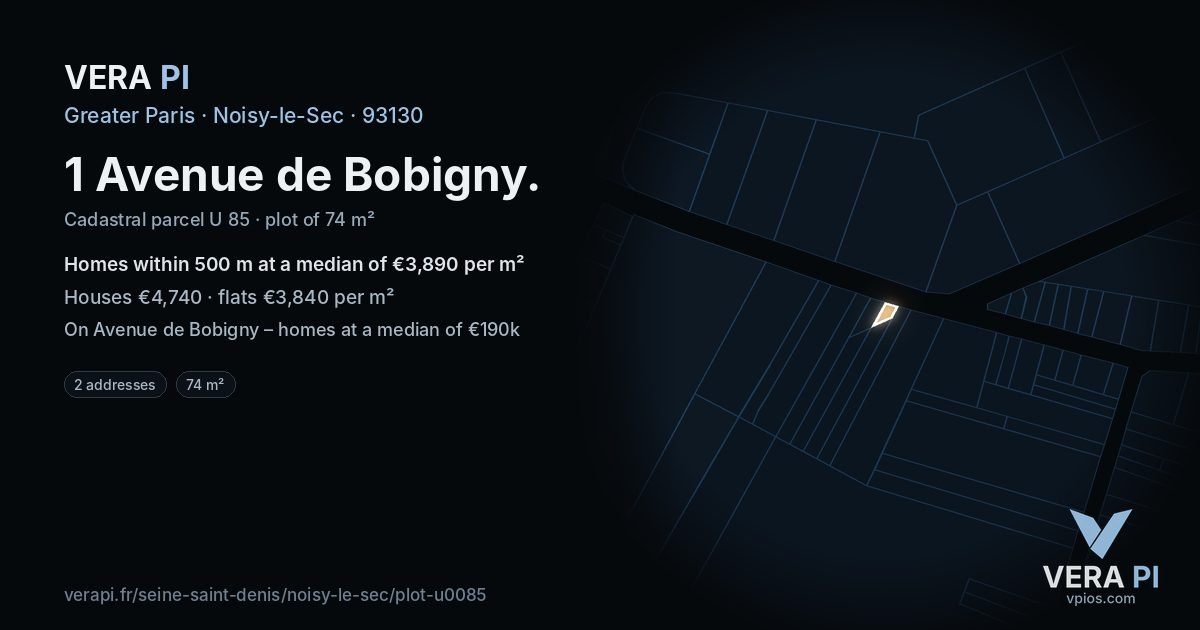 1 Avenue de Bobigny, Noisy-le-Sec at night – the plot lit, the parcels around coloured by the prices near them
