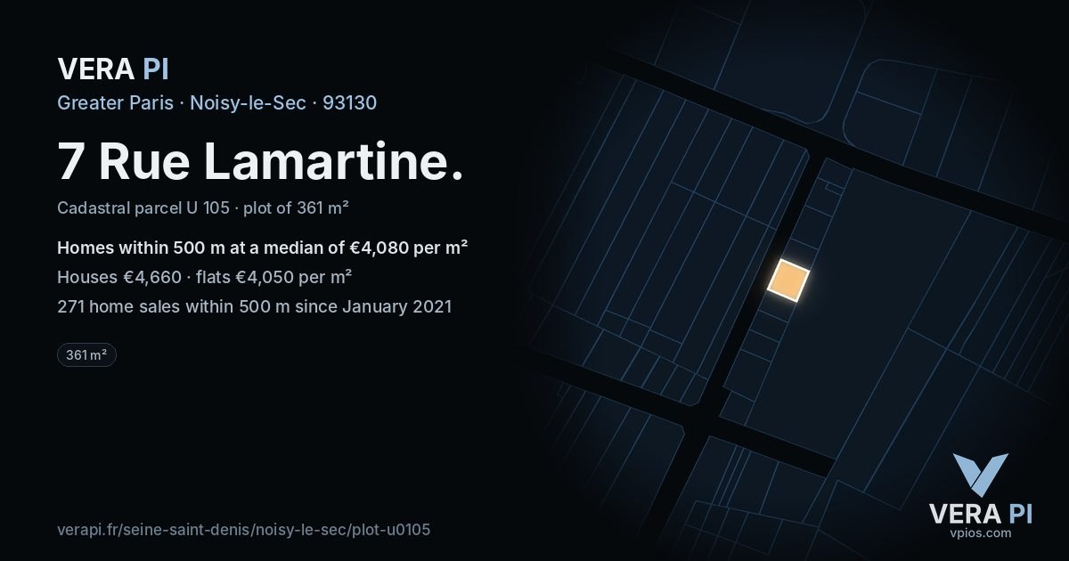 7 Rue Lamartine, Noisy-le-Sec at night – the plot lit, the parcels around coloured by the prices near them