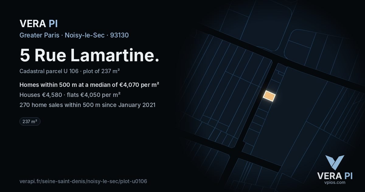 5 Rue Lamartine, Noisy-le-Sec at night – the plot lit, the parcels around coloured by the prices near them