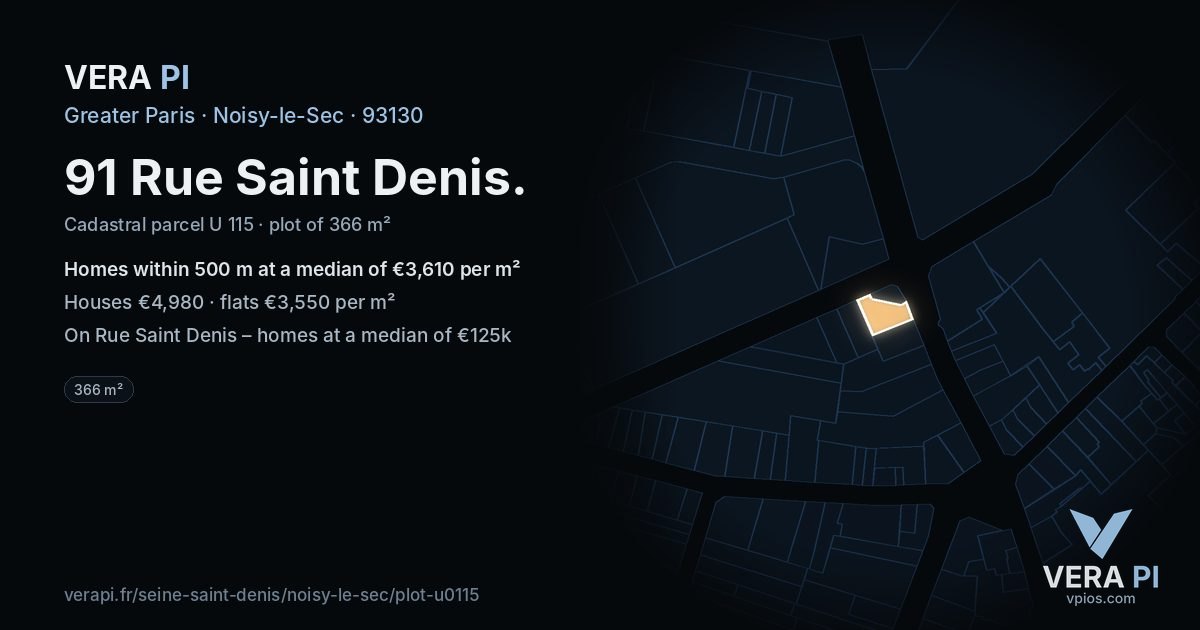 91 Rue Saint Denis, Noisy-le-Sec at night – the plot lit, the parcels around coloured by the prices near them
